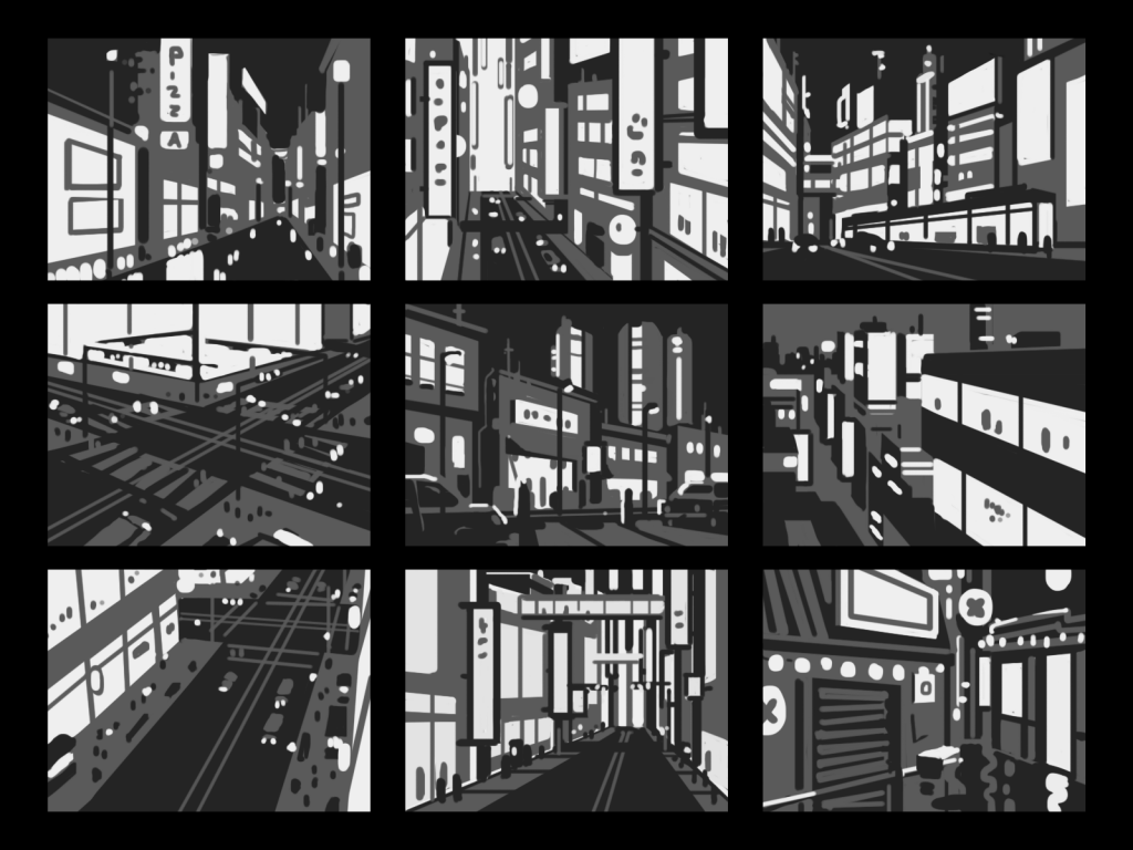 the image is a collection of nine grayscale illustrations depicting various cityscapes at night. the scenes are stylized with strong contrasts between light and shadow, emphasizing the artificial lighting of streetlights, neon signs, and building illumination.  the images showcase different perspectives, including street level views and slightly elevated angles, capturing the bustling atmosphere of an urban environment. while there are hints of people through silhouettes and implied movement, the focus remains on the architectural elements and the play of light and dark within the city.