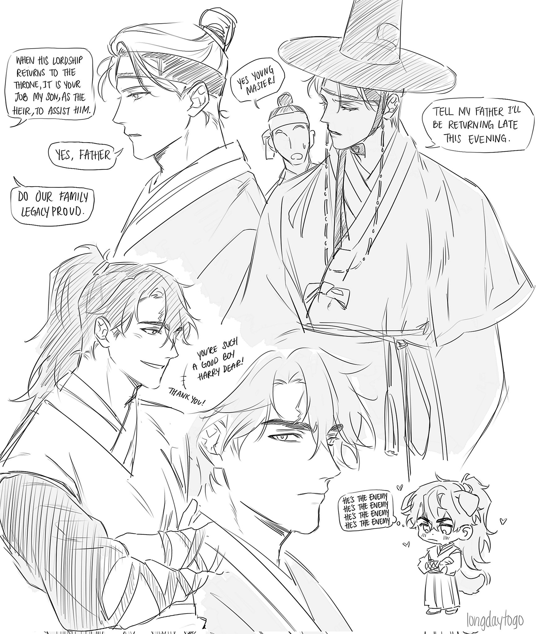 he image contains a collection of sketches, seemingly fanart, depicting characters in traditional korean clothing (hanbok). the style is reminiscent of manga or anime.  several scenes are depicted: a father instructing his son on his royal duties, a young man reporting his late return to his father, another character labeled as "the enemy," and a cute chibistyle character. the sketches vary in detail and style, showcasing a range of artistic approaches within a single piece.  speech bubbles convey dialogue, furthering the narrative elements. the overall tone blends seriousness with lighter, more playful moments,  creating a dynamic visual story.