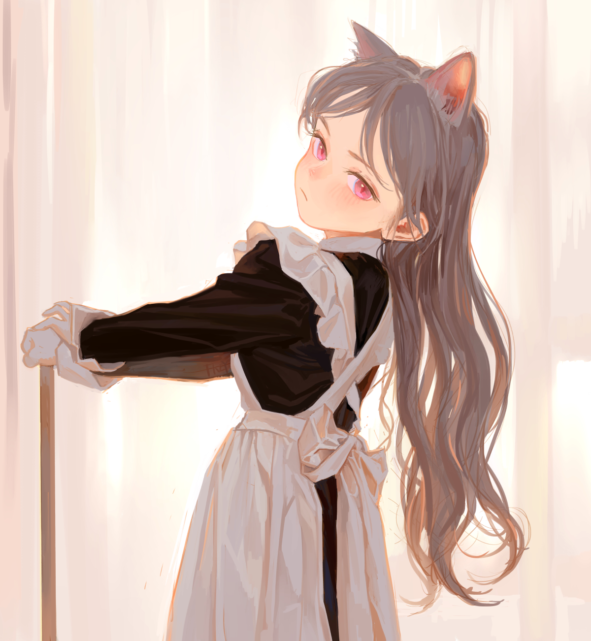 an anime girl with cat ears is wearing a maid outfit and holding a cleaning tool, possibly a broom. she has pink eyes and long hair, and is looking over her shoulder.