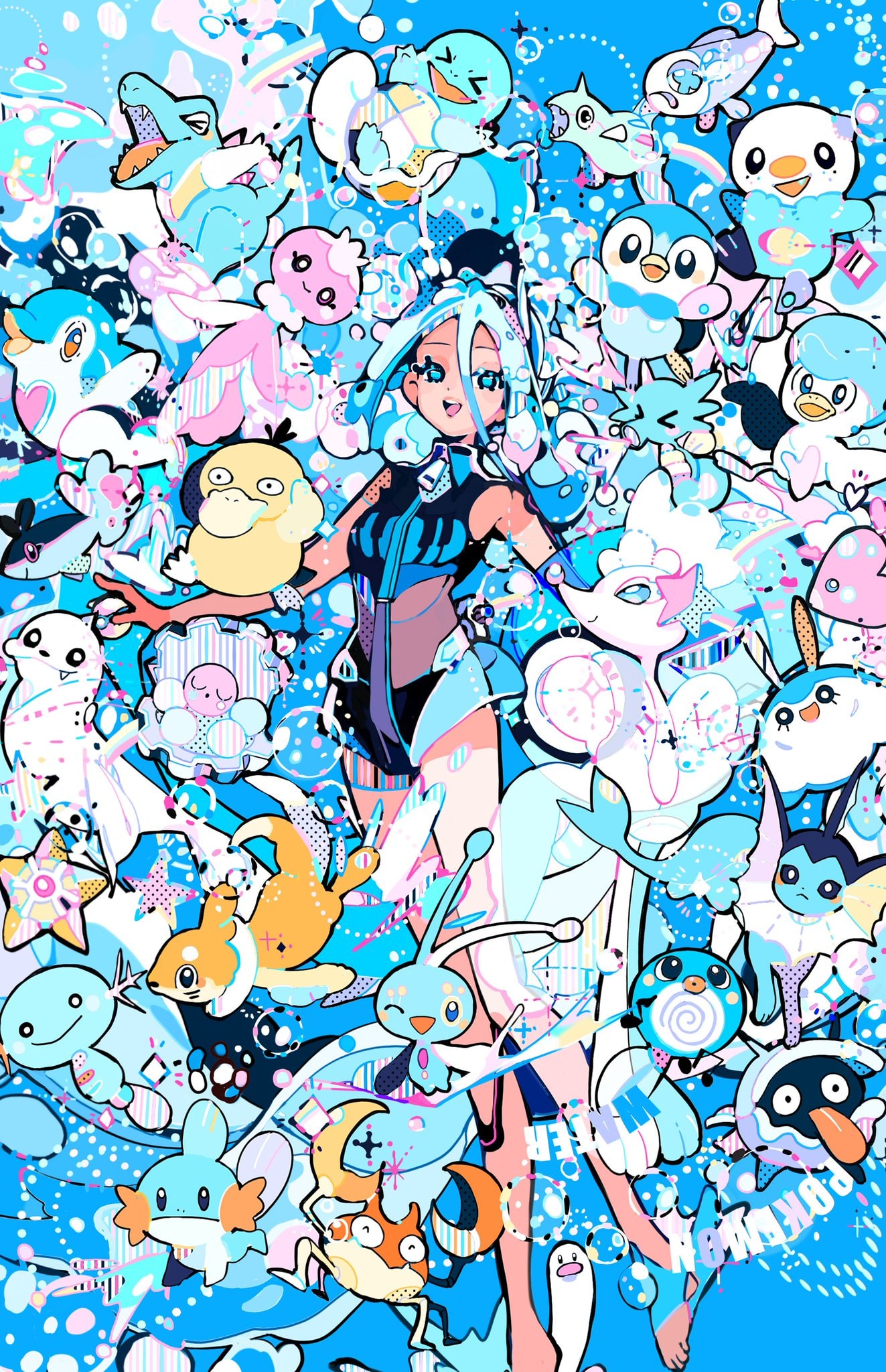 the image is a vibrant, colorful illustration featuring an animestyle girl in a blue and white swimsuit surrounded by numerous watertype pokémon characters. the style is highly stylized, kawaii, and features a pastel color palette with bright, bold accents. the pokémon are depicted in a variety of poses and expressions, some appearing playful and others more serene. the background is a dynamic mix of blue and white swirls, bubbles, and splashes, creating an energetic and lively atmosphere. the overall mood of the image is cheerful and fantastical, with a strong emphasis on cute and playful imagery.  the girl appears to be central to the scene, perhaps a trainer or character related to these water pokemon.  the style suggests a combination of anime/manga aesthetics with a playful, modern interpretation of the familiar pokemon designs.