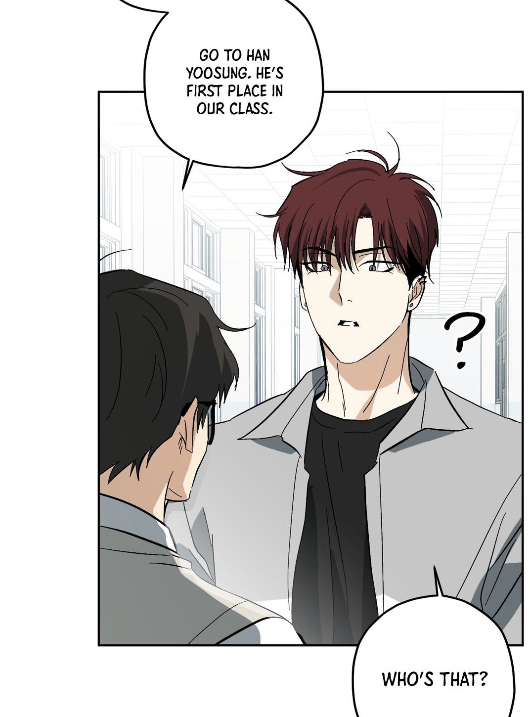 the image is a panel from a manhwa (korean comic) or webtoon.  it shows two male characters in a school setting. one character, with reddishbrown hair, is identified as han yoosung, who is apparently in first place in their class. the other character is questioning who han yoosung is.  the scene is set within a school hallway or classroom area. the art style is clean and modern, typical of many manhwa and webtoons. the speech bubbles contain dialogue advancing the narrative.