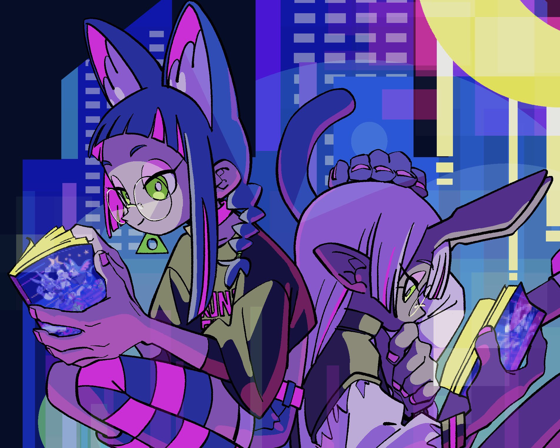 the image features two stylized characters, likely friends, enjoying books together on a rooftop at night. the city behind them is alive with neon lights and a large, stylized moon hangs in the sky. the girl on the left has catlike features, vibrant blue and pink hair, and wears a trendy outfit. her friend, with bunnylike ears, wears more muted purples and greens. they both hold books emitting a magical, galaxylike glow. the overall aesthetic blends cyberpunk and fantasy elements, creating a playful and energetic scene.