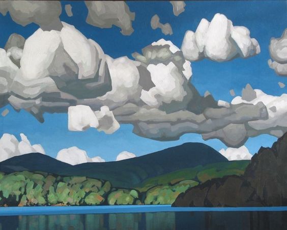 the painting depicts a serene landscape with a vast blue sky filled with fluffy white and gray clouds.  a mountain range stretches across the horizon, its dark silhouette contrasting against the bright sky. the foreground features a body of water, reflecting the sky and clouds. lush green foliage covers the lower slopes of the mountains.