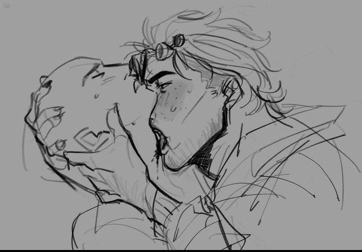 a pencil sketch of a man kissing a masklike object with a heart drawn on it. the man has tousled hair, glasses resting on his head, and a determined expression. the drawing has a raw, expressive quality with visible sketch lines and a focus on the emotional connection between the characters depicted.