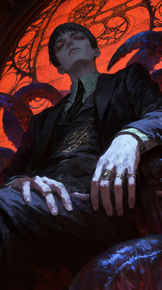 a man in a dark suit sits upon an ornate throne, framed by a circular stained glass window. his expression is serious and brooding. the lighting is dramatic, with a red glow emanating from the stained glass and casting the rest of the scene in shadow. the overall atmosphere is one of power, mystery, and a touch of darkness.