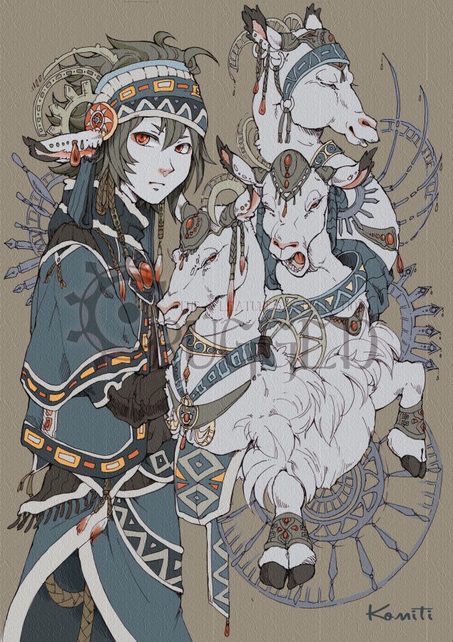this is a digital illustration of a young woman with long black hair and a blue tribal outfit, holding a goat with its horns adorned with ornaments.  she is surrounded by two more goats. they are standing in front of a patterned background.
