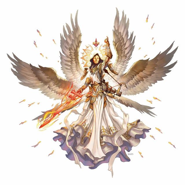 the image depicts a majestic female angel, possibly an archangel or seraph, with large, powerful wings. she is clad in a flowing white dress adorned with gold accents and armor, and she holds a glowing, fiery sword in one hand and a bow and arrow in the other.  a radiant halo or sunburst surrounds her head, emitting light and small, glowing particles.  the angel's expression is serene yet powerful, suggesting divine authority and strength. the overall style is fantasyoriented, likely from a game or book illustration, with a focus on detail and vibrant colors. the background is pure white, drawing attention entirely to the figure of the angel.