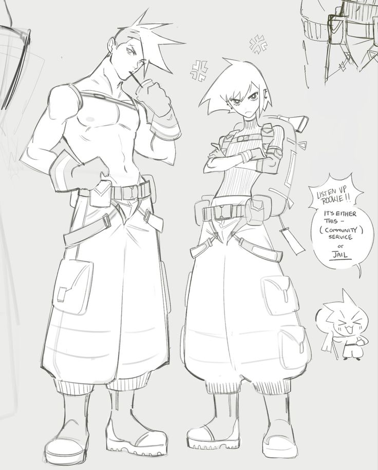 this is a sketch of two anime characters, one male and one female, standing side by side. the male character is wearing a shirt and pants and has short hair. the female character is wearing a shirt, pants, a jacket and a backpack and has long hair. they are both looking at each other. there is a speech bubble coming from the female character that says "listen up rookie!! it's either this (community service) or jail".