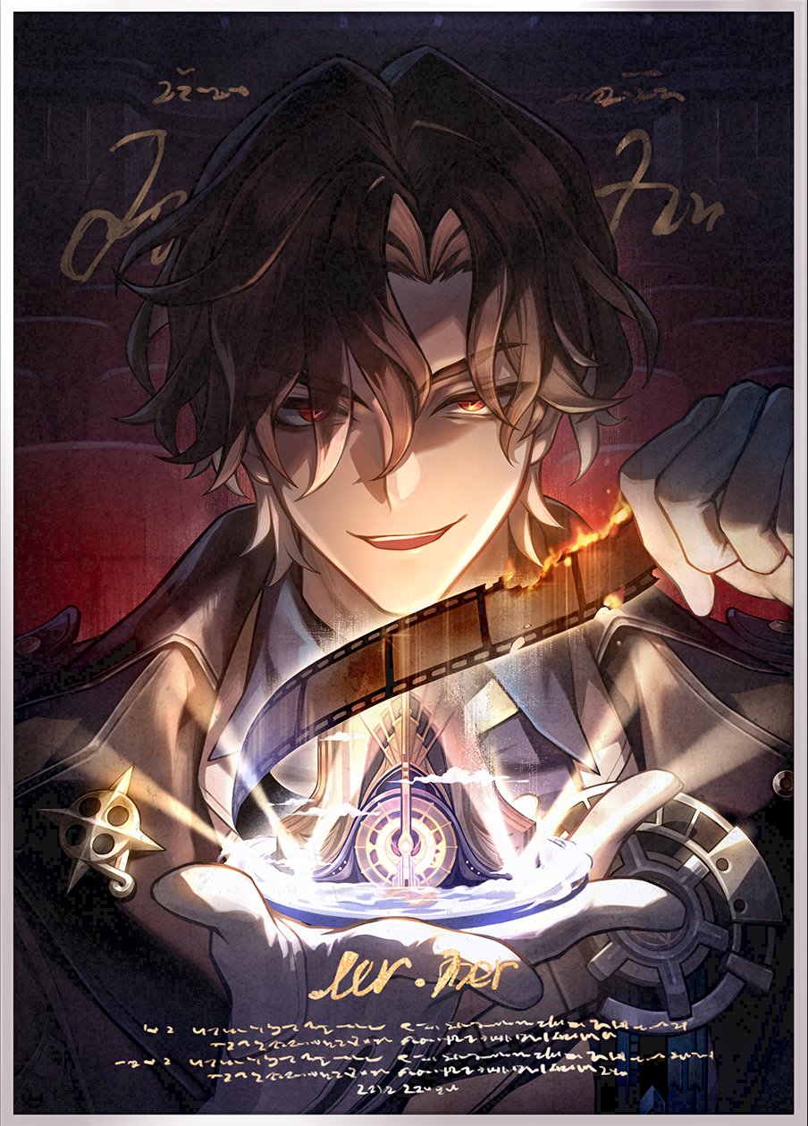 the image is a digital illustration of a male anime character. he is dressed in a dark, elegant suit with a clocklike object glowing in his hand, symbolizing the passage of time. he is holding a piece of film, representing storytelling and a sense of mystery. the image has a dramatic and cinematic feel, with a focus on the character's expression and pose. the background is blurred, allowing the character to stand out. the overall tone is dark and mysterious, suggesting a story of intrigue and adventure.