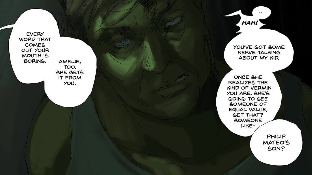 he image is a panel from a graphic novel or comic book. it features a closeup of a man's face, his expression angry and frustrated.  the art style is dark and shadowy, with a predominantly green tone. several speech bubbles contain dialogue, revealing a tense conversation about the man's child and someone named amelie. the text suggests conflict and a potential confrontation. the overall mood is serious and dramatic.