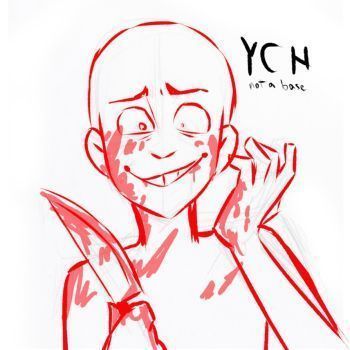 a digital sketch of an animestyle character holding a knife. the character is covered in blood. the drawing is a character design template and the text reads: "ych not a base".