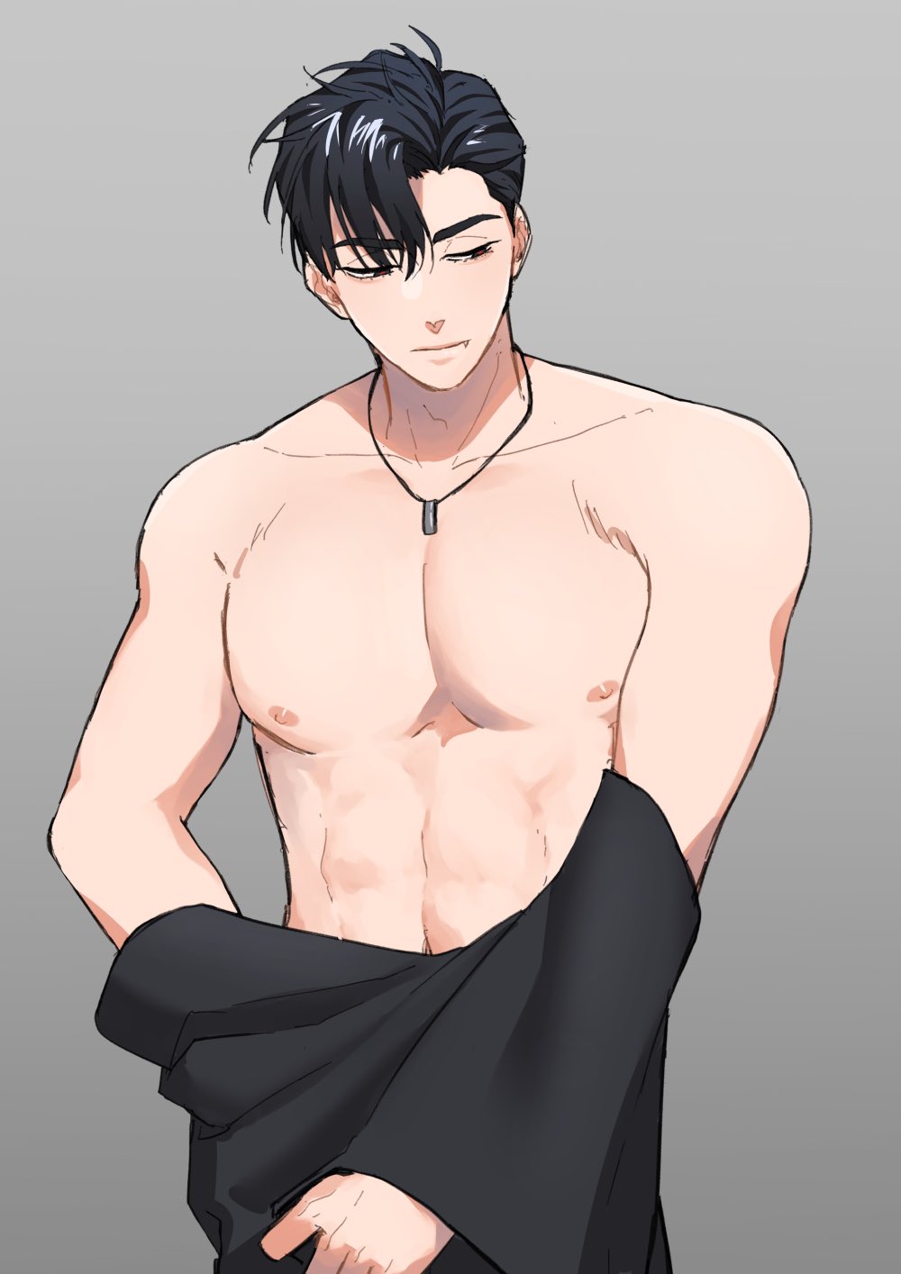an illustration of a shirtless anime man with toned abs, black hair, and black eyes. he is wearing a black necklace and is holding a black shirt in his left hand. the background is gray.
