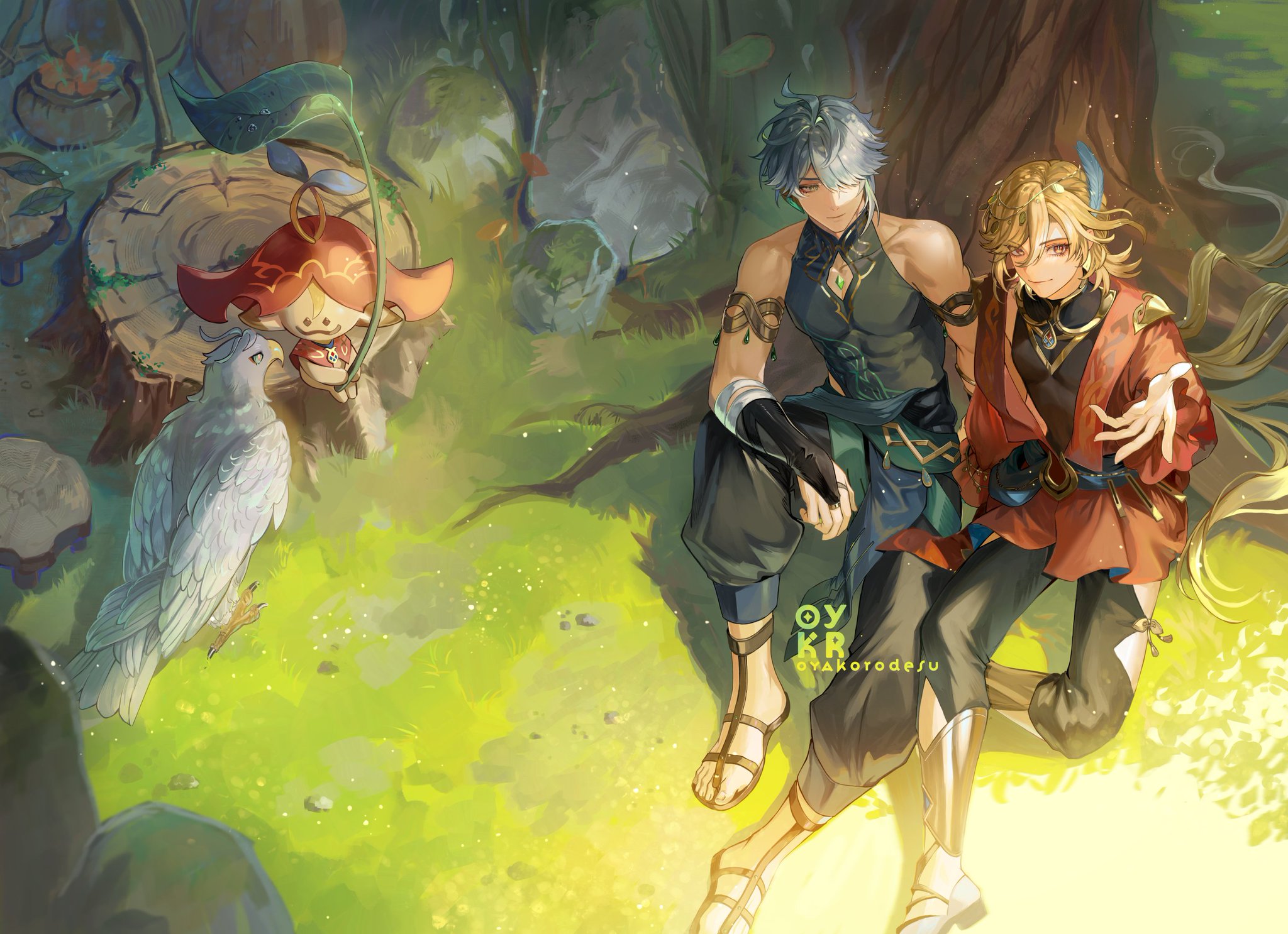 the illustration depicts two anime characters, one with blue hair and the other with blonde hair, sitting in a forest setting. the characters are surrounded by vibrant greens and yellows, suggesting a peaceful and serene atmosphere. the bluehaired character is wearing a blue and green outfit, while the blondehaired character is wearing a red and black outfit. a white bird stands in the foreground, adding a touch of nature to the scene. the sunlight illuminates the characters and their surroundings, creating a sense of warmth and tranquility. the overall impression is one of a calming and magical encounter in a beautiful forest.