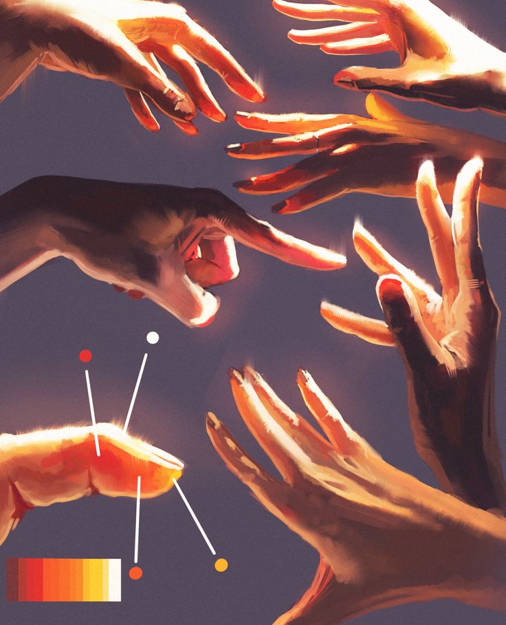 the image is a digital painting of multiple hands in various poses, illuminated by a warm spotlight against a dark background. the hands showcase different gestures and are rendered with a focus on anatomy and light interaction with skin. a color palette and directional lines indicating light sources are included as visual aids, suggesting the image serves as an artistic reference for studying hands.