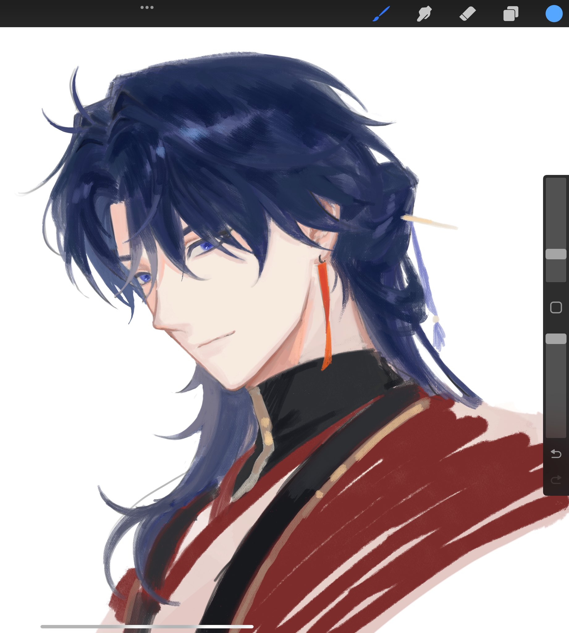 a closeup portrait of an anime boy with long blue hair and a slight smile. he is wearing a red jacket with a black collar, and has a red earring in his left ear. the art style is soft and gentle, with a dreamy aesthetic.