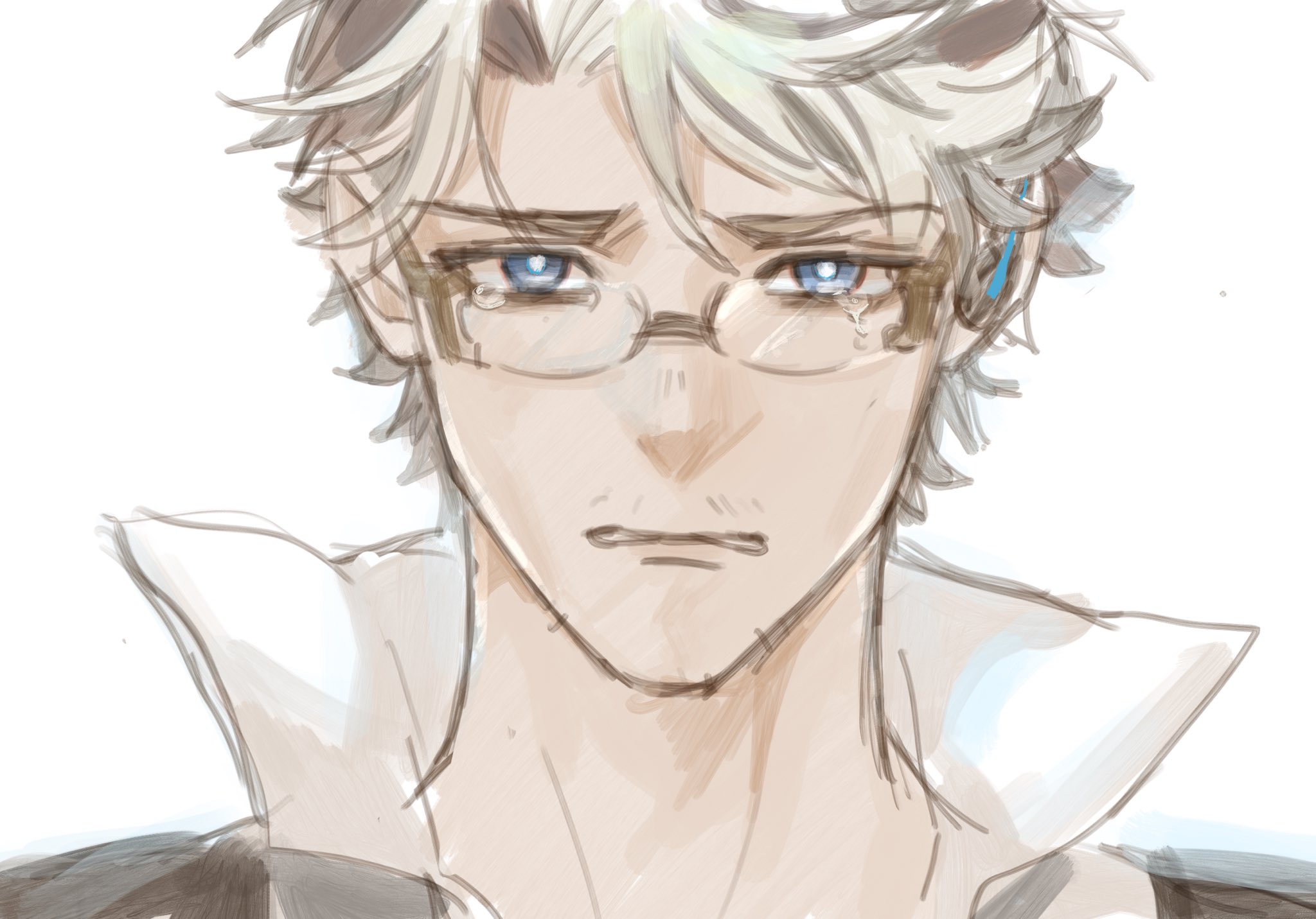 a drawing of an anime boy with white hair and glasses. he is crying and looks very sad. the drawing is done in a sketchy style, and the colors are soft and muted.