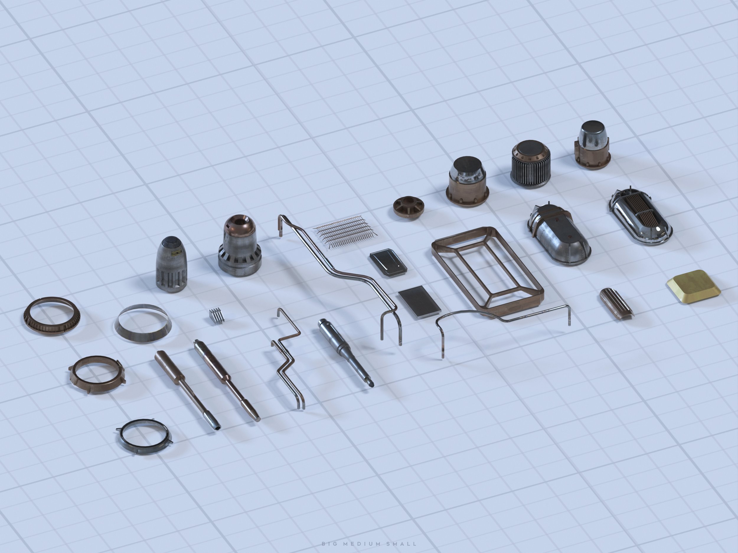 the image is a 3d rendering showcasing a meticulously arranged collection of various small, metallic parts.  the components appear to be from a mechanical or possibly futuristic device,  laid out on a gridded surface reminiscent of a blueprint or engineering workspace. the parts are primarily metallic in color, with shades of copper and brass prominently featured among other metallic tones.  the style suggests a precisionengineered assembly, perhaps from a kit or a design schematic for a complex machine.  the background's grid adds a technical feel, emphasizing the meticulous nature of the parts and their arrangement. the overall impression is one of intricate engineering and detailed design.