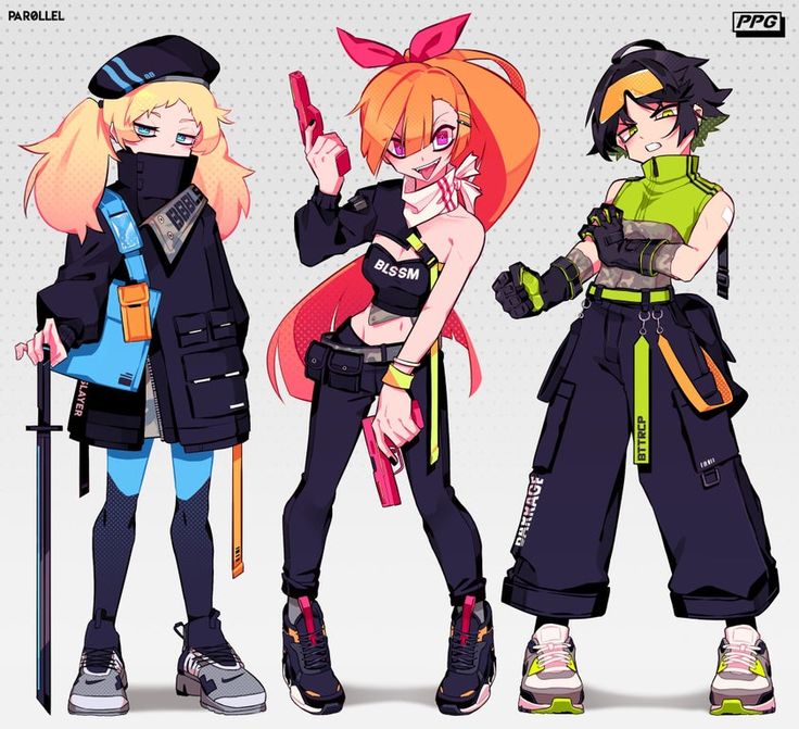 this is a digital illustration of three female anime characters in a cyberpunk fashion style. they all have bright pink and green color schemes and wear trendy streetwear clothing with accessories like chains, belts, and backpacks. one character has a sword in their hand, one has a gun, and one has a weapon similar to a gun. the characters are posed in an actionready stance.