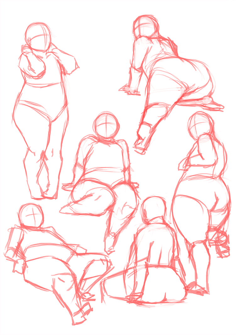 a collection of seven figure drawings of a plussize woman in various poses. the drawings are in the early stages, rendered in red line work on a white background. they focus on capturing gesture and form.