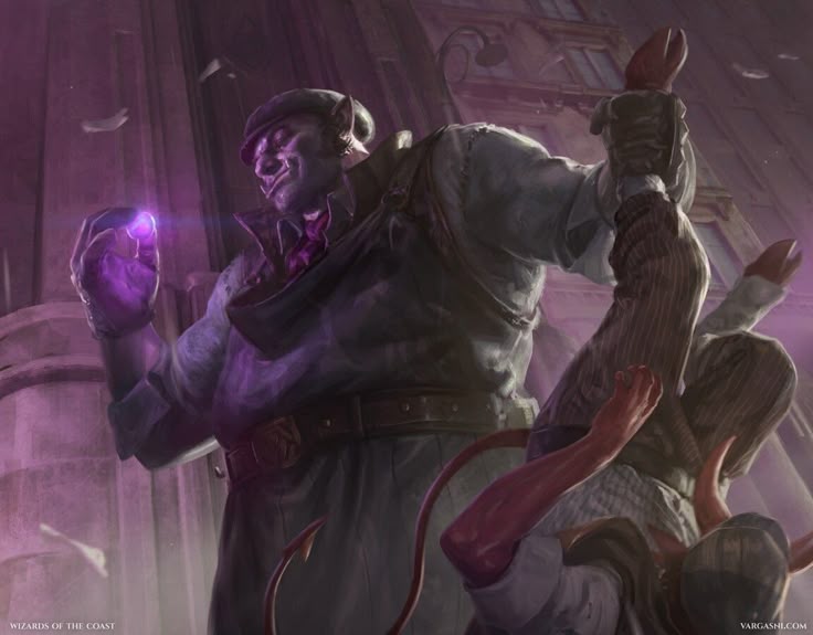 an illustration shows a large goblinlike creature holding a purple gem in his left hand while holding up a redskinned tiefling with a tail and goatlike feet. the tiefling is dressed in a striped suit and appears to have been beaten. the goblin is wearing a newsboy cap, shirt, vest, coat, and belt. the background includes architecture.