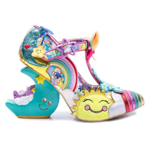 a novelty high heel shoe with a whimsical design. the shoe features a rainbow pattern and sun on the front and a moonshaped heel. the overall design is colorful and cartoonish. it appears to be from the brand irregular choice.