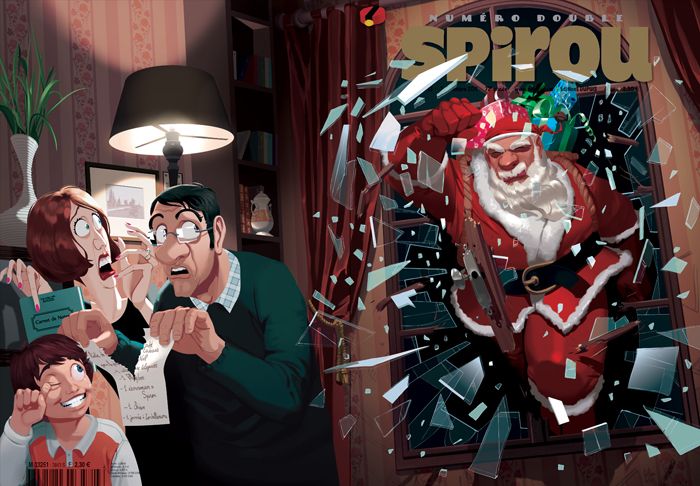 the image is a comic book cover featuring a family in a state of surprise and fear as santa claus breaks through their window. the family, consisting of a father, mother, and son, are all depicted with exaggerated expressions. the father is holding a list, while the mother looks shocked, and the son is smirking. santa claus is portrayed as breaking through the window, with shards of glass flying around him. he carries a sack of gifts. the background shows a living room setting with a lamp, bookcase, and patterned wallpaper. the text "numero double spirou" is prominently displayed at the top of the image.