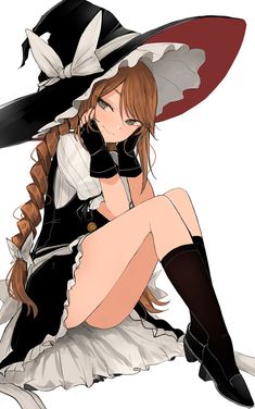 a drawing of a young woman with brown hair and a witch's hat. she's wearing a black and white dress, thigh highs, and is sitting on the ground.