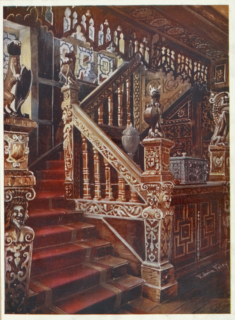 an ornate interior featuring a grand staircase with intricate wood carvings and sculptures. the staircase is adorned with decorative banisters, sculpted lions, and other ornamental details. red carpet covers the steps. the overall impression is one of opulence and craftsmanship.