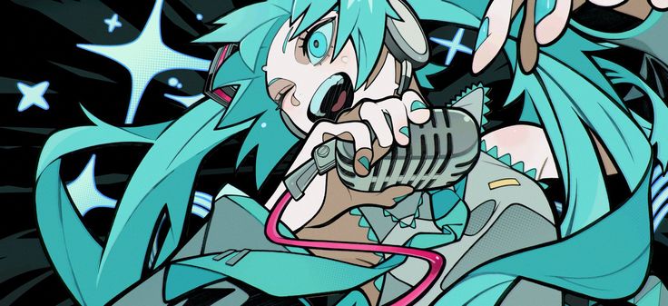 the image is a vibrant, stylized illustration of hatsune miku, the popular vocaloid character.  she's depicted in a dynamic pose, seemingly midsong, holding a retrostyle microphone. her teal/turquoise hair flows dramatically around her, and her expression is energetic and expressive. the art style is reminiscent of graphic novels or comic books, with bold lines, bright colors, and a focus on impactful visual elements. the background is dark, contrasting with miku's bright outfit and hair, drawing attention to her.  the overall feel is one of high energy and excitement, suitable for promotional material or fan art.