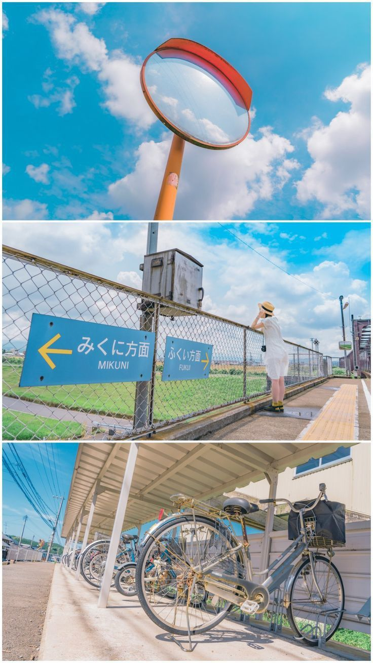 the image shows three separate scenes arranged in a vertical collage. the top scene features a round safety mirror with an orange rim, mounted on a pole. the mirror reflects the blue sky with puffy white clouds. the middle scene depicts a woman standing on a train platform next to a chainlink fence. two blue signs attached to the fence point in opposite directions, labeled "mikuni" and "fukui." the woman, wearing a white dress and a straw hat, is leaning on the fence. the background includes a green field and more of the train station. the bottom scene shows a row of bicycles parked under a sheltered rack. the bicycles are different colors, with one in the foreground having a black bag in its front basket. a concrete path runs alongside the rack.