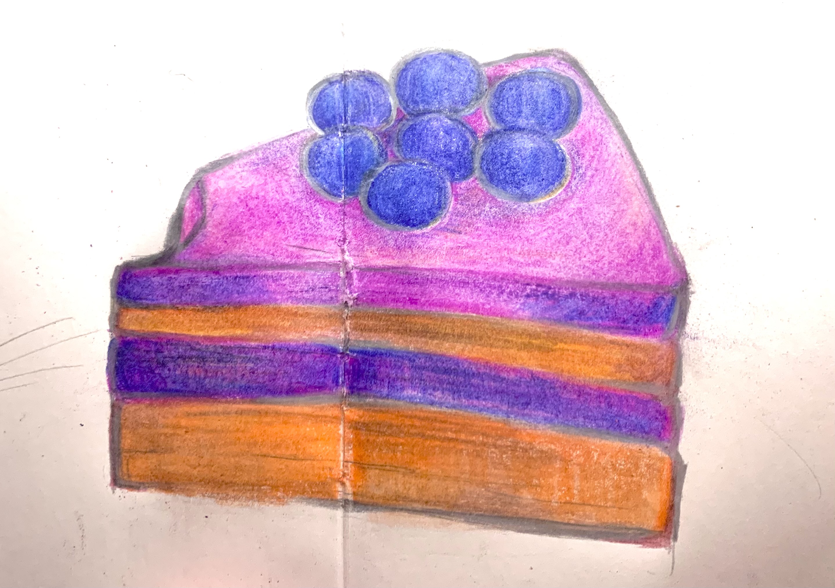 a slice of layered cake topped with blueberries. the cake has alternating orange and purple layers and pink frosting.