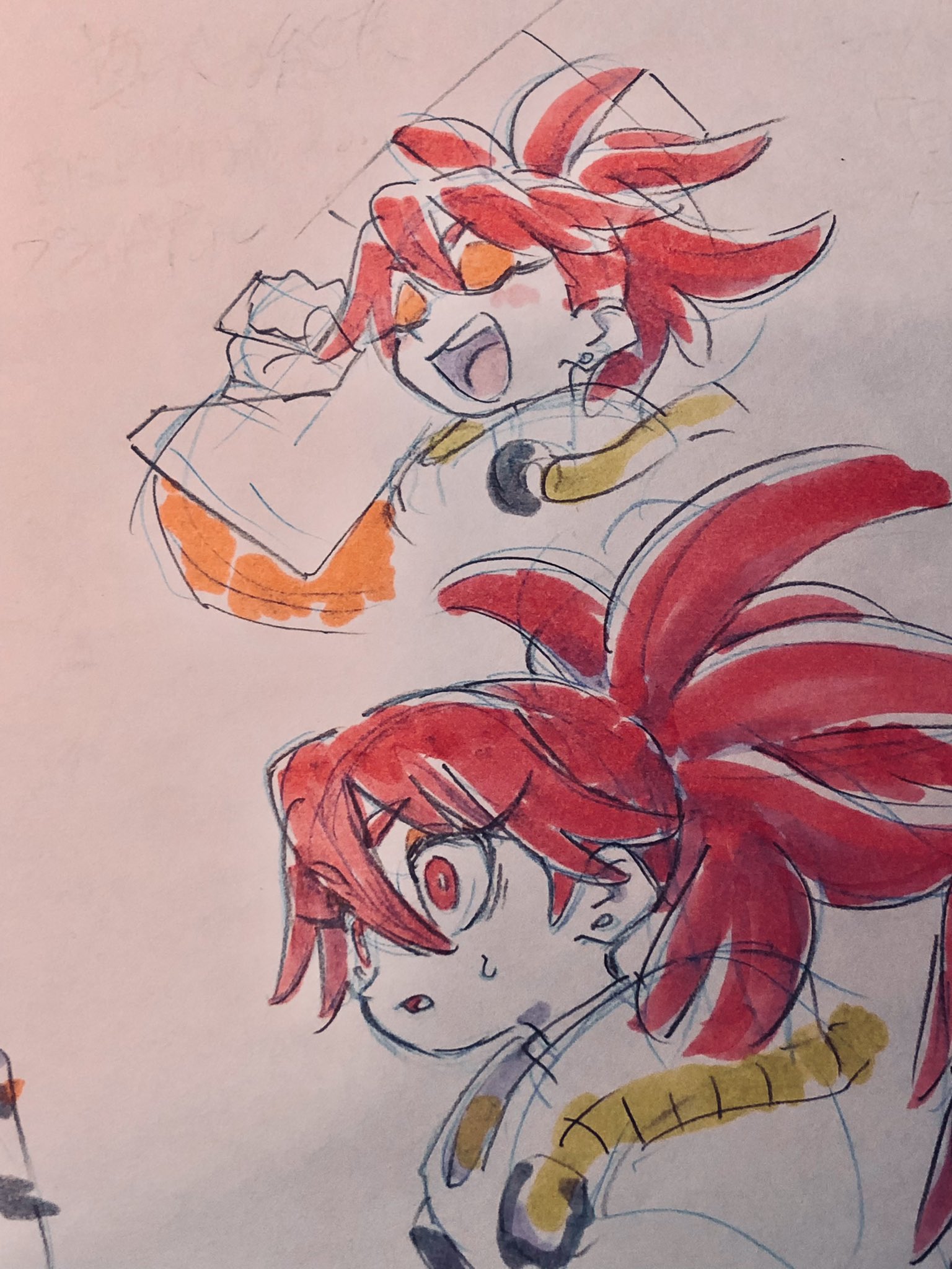 a stylized character with spiky red hair, drawn twice.  the top image is a more simplistic style and the character is smiling with their eyes closed.  the bottom image is of the same character but more detailed and drawn at a slightly larger size.  this version of the character appears to be looking at something with a surprised expression. both versions of the character appear to be wearing a white and yellow garment.  the drawing style is reminiscent of anime and manga.