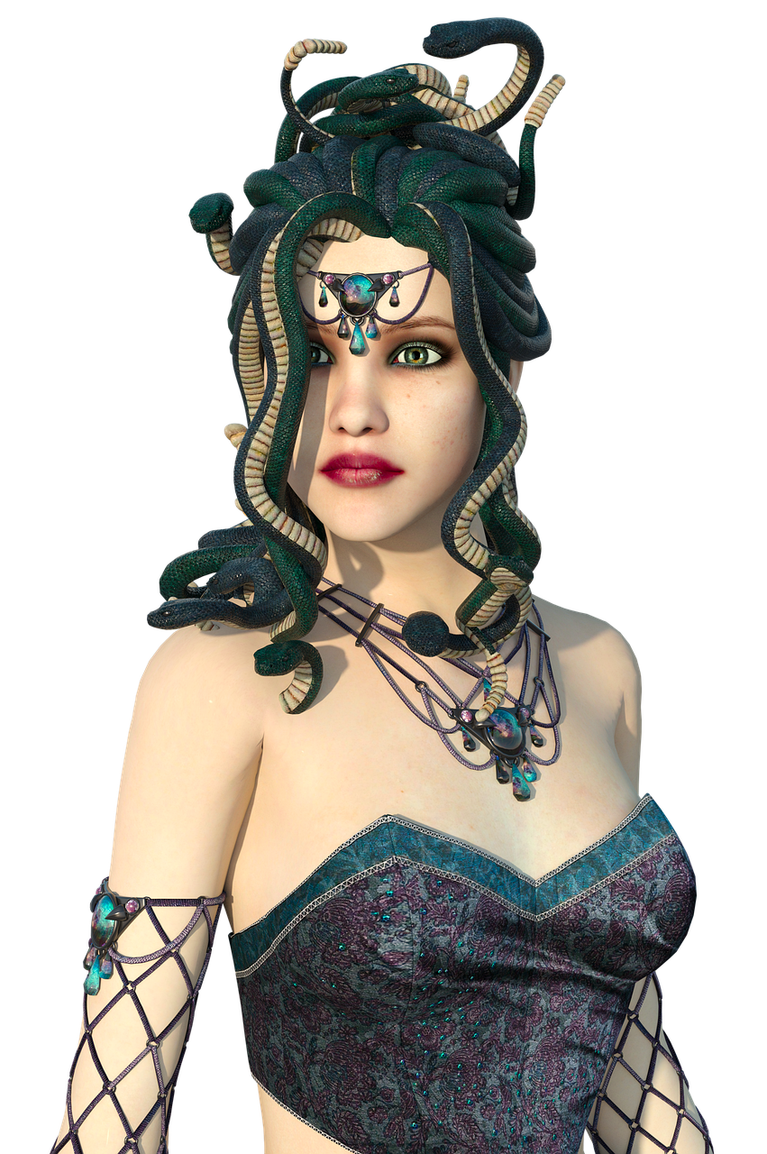 a digital rendering depicts a woman with medusalike features against a black background. she has snakes instead of hair, arranged atop her head and framing her face. she wears a jeweled headpiece and an elaborate necklace with blue gemstones. her eyes are green, and she has red lipstick. she is adorned in a corsetstyle top and decorative armbands, both featuring intricate patterns and blue accents.