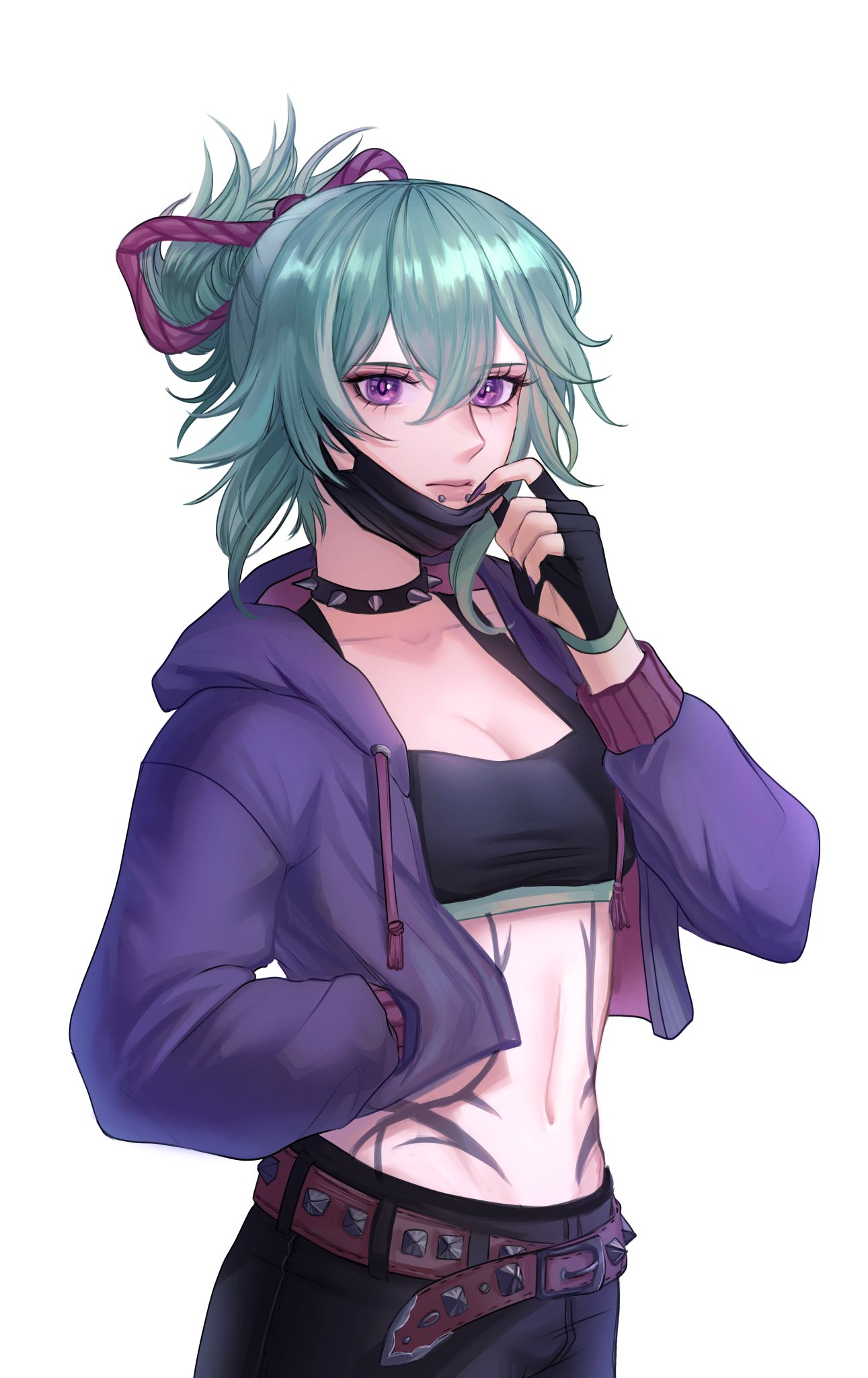 an anime girl with green hair is wearing a purple jacket, black top, and black pants. she is wearing a black mask over her face and has a tatoo on her stomach. her hand is resting on her chin, and she is looking towards the right. the image has a white background.