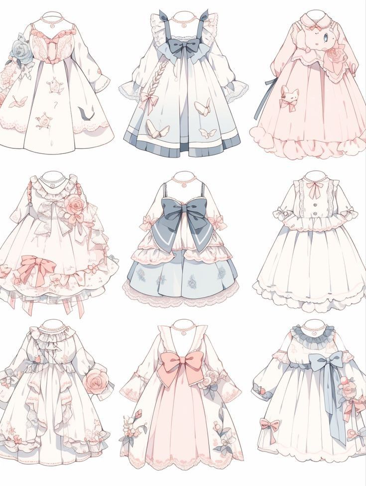 the image showcases nine unique lolitastyle dress designs sketched in a soft, pastel color palette. each dress features intricate details like ruffles, lace, bows, ribbons, and floral embellishments, highlighting the feminine and delicate aesthetic of the lolita fashion subculture.  all dresses are presented as hanging on invisible mannequins, offering a clear front view of each design.