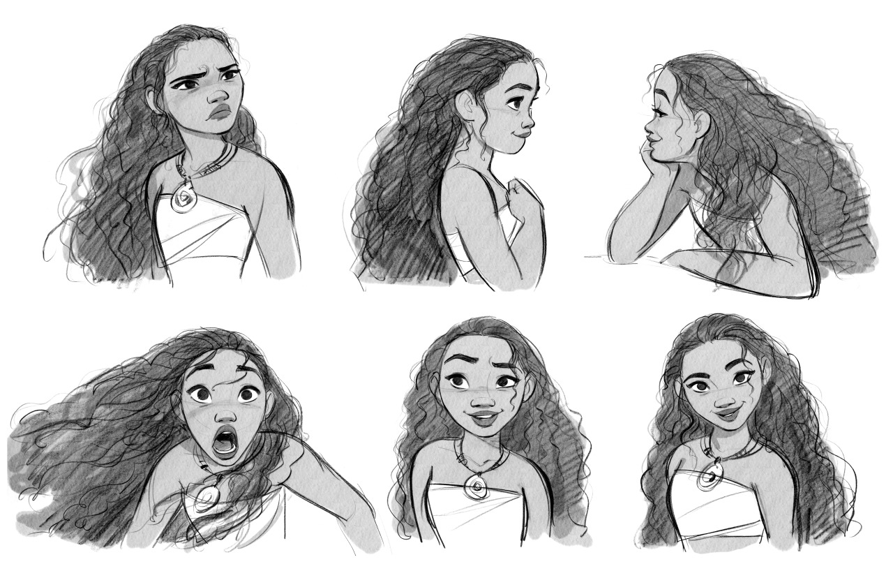 the image shows a series of character sketches of moana from the disney movie "moana". the sketches showcase moana's various facial expressions and poses. she is depicted with her signature curly hair, polynesian features, and wearing her necklace. the drawings are in black and white.