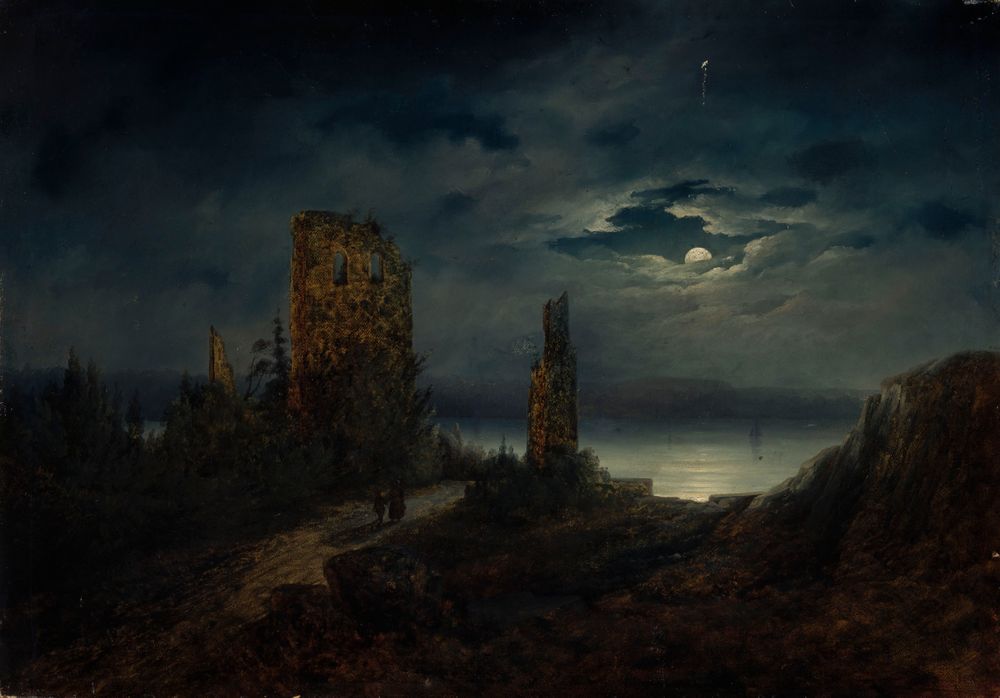 the image is a dark and moody landscape painting, likely from the romanticism period. it features the ruins of a tower on a hill overlooking water, illuminated by a full moon breaking through heavy clouds. a path leads towards the tower, with two small figures walking along it. the scene evokes a sense of mystery and solitude.