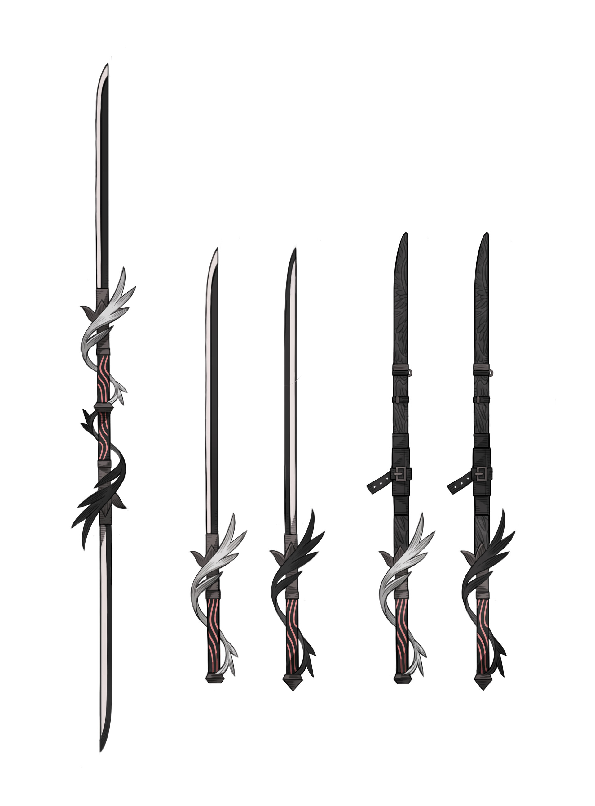the image showcases five distinct sword designs, all seemingly inspired by a fantasy aesthetic. each sword features a sleek, singleedged blade, but they differ in their hilts and overall lengths. the most striking element is the presence of stylized, winglike protrusions adorning the hilts. these "wings" vary in size and detail across the swords, contributing to their unique appearances. the blades themselves are predominantly silver, while the hilts incorporate black, gray, and hints of a reddishbrown hue.
