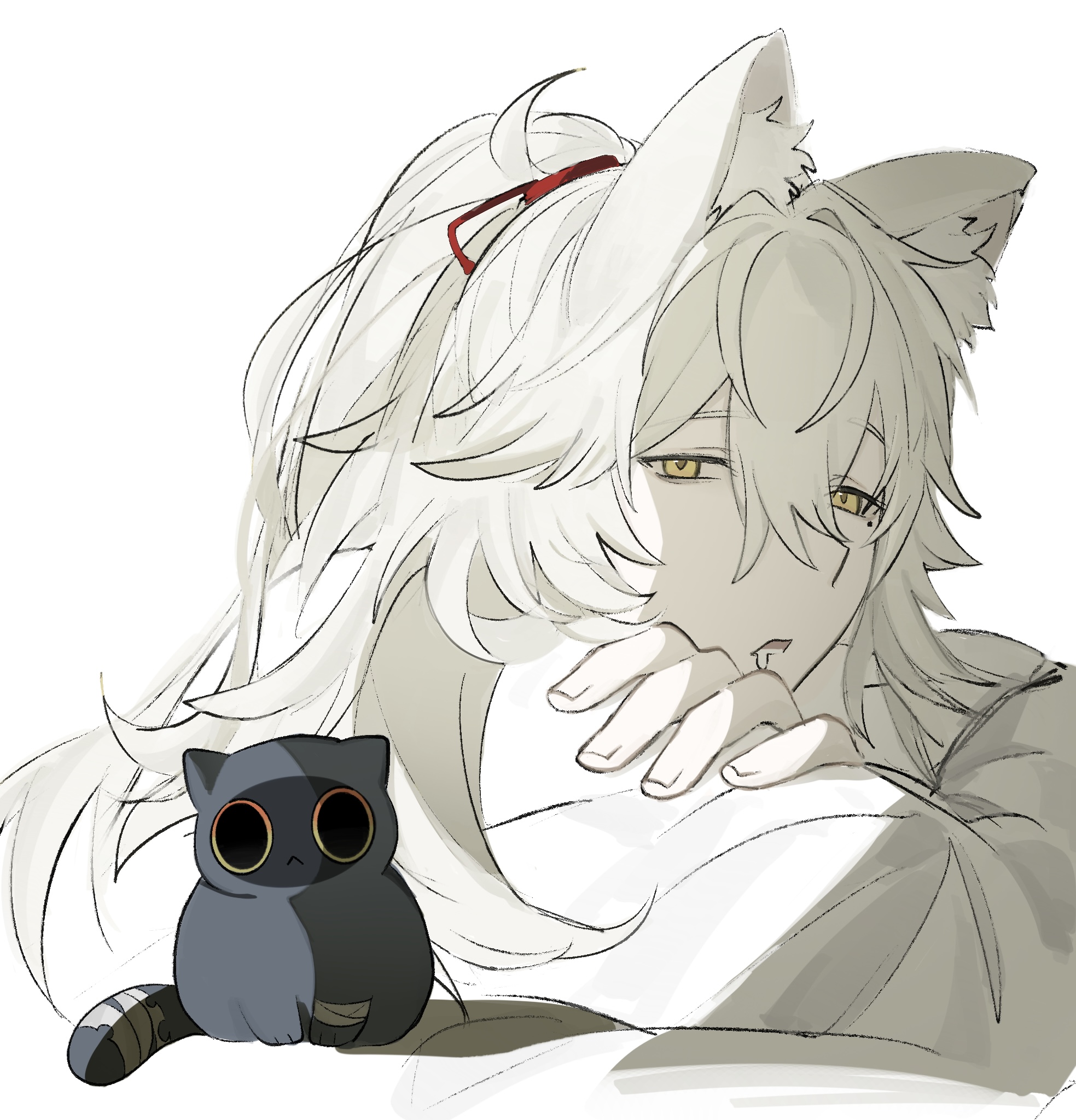 this is a drawing of an anime girl with white hair and black eyes. she has cat ears and is wearing a white shirt. she is sitting with a black cat with big eyes.