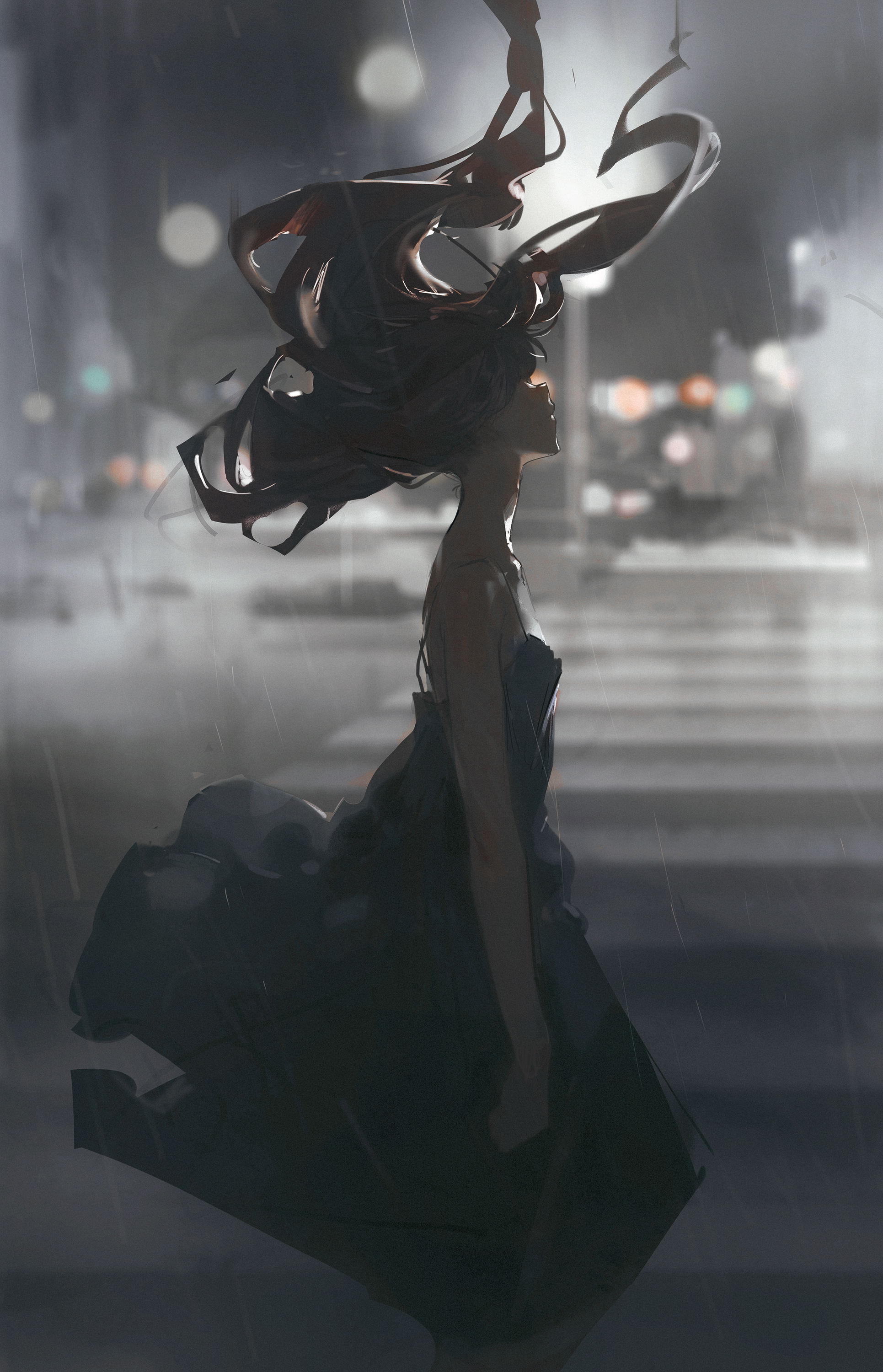 a woman in a black dress with long hair stands on a city street at night in the rain. she is lit by a streetlight in the background and has a wistful, melancholic expression on her face. she is silhouetted against the rain, creating a sense of mystery and loneliness.