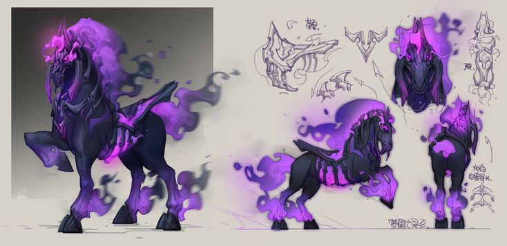 the image shows a concept art design of a dark fantasy horselike creature. it features a black horse with purple energy flowing from its mane, tail, and hooves. the creature is adorned with armorlike elements. the image also includes sketches of different armor pieces and views of the creature from various angles.