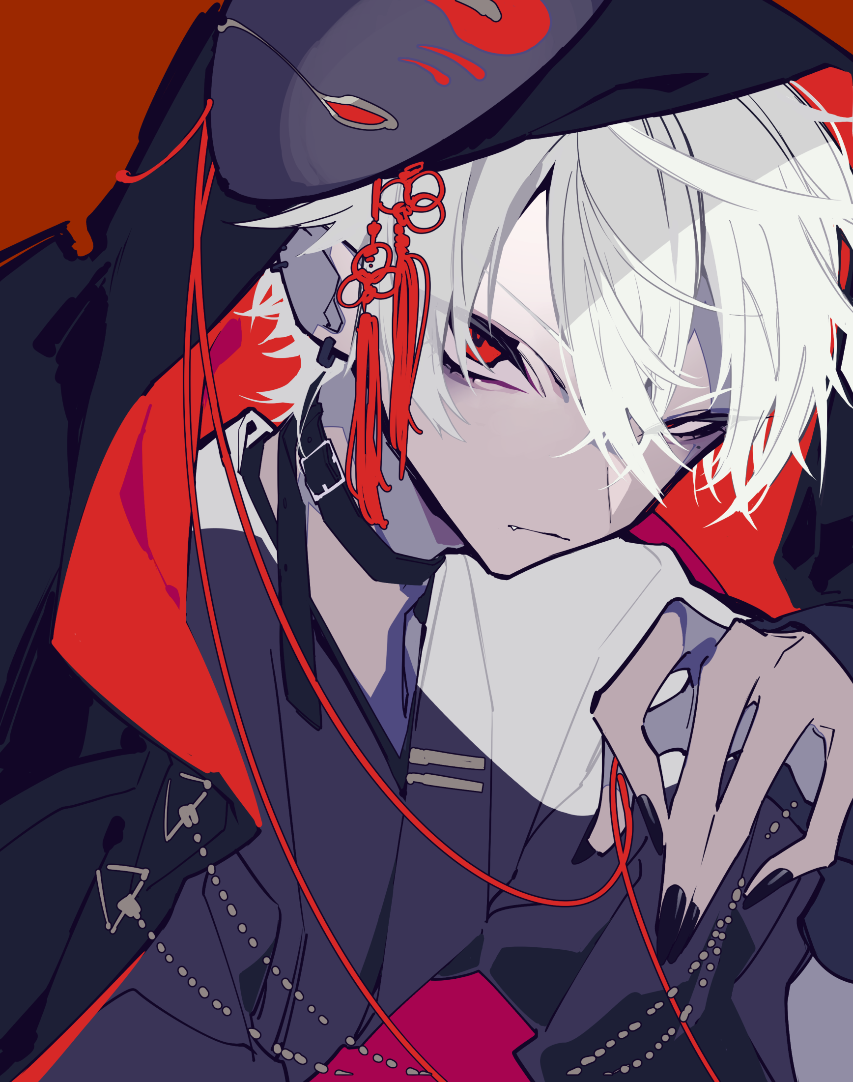 a digital illustration of an anime boy with white hair and red eyes. he is wearing a black cloak with a red lining and a black choker. his nails are painted black. he has a serious expression.