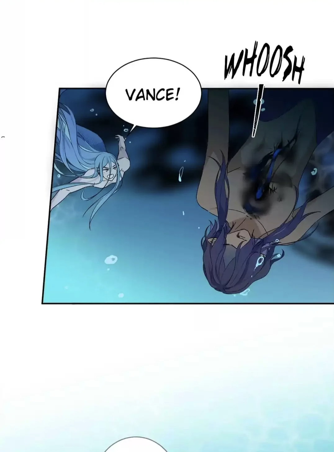 the image is a panel from a manga or comic book. it depicts an underwater scene with two male characters. one has long blue hair and is swimming towards the viewer. the other has long purple hair and is floating face up, seemingly unconscious.  there are speech bubbles with the text "vance!" and "whoosh!". the overall style is fantasy, suggesting a magical or mythical setting. the color palette is dominated by blues and purples.