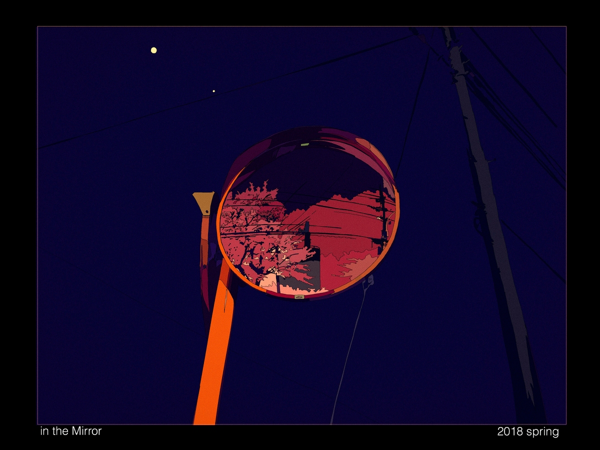 the image is a stylized illustration of a street scene at night, as reflected in a convex mirror. the mirror's reflection shows a street with trees, possibly cherry blossoms, their pink color contrasting with the dark blue night sky.  the sky shows a few distant stars. the mirror itself is attached to an orange pole.  the overall style is graphic and somewhat minimalist. the text "in the mirror" and "2018 spring" are included at the bottom.