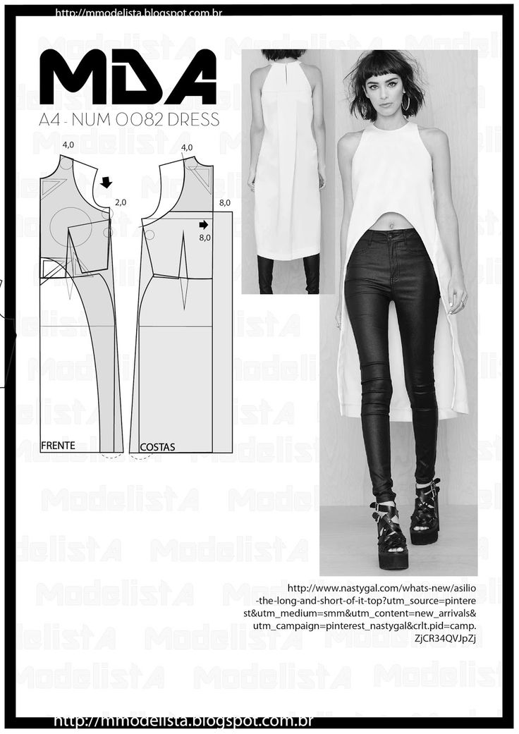 the image shows a black and white fashion design for a dress. on the left, there are technical drawings of the front and back pattern pieces of the dress, complete with dimensions. in the center, there are two images of the finished dress: one is a fulllength shot showing the back view of the dress as a midi dress, and the other is a fulllength shot of a model wearing the dress as a top with highwaisted black pants and platform boots. the dress features a halter neck, sleeveless design, and a highlow hem. the image also includes the brand name "mda" and some text information about the dress, and urls.