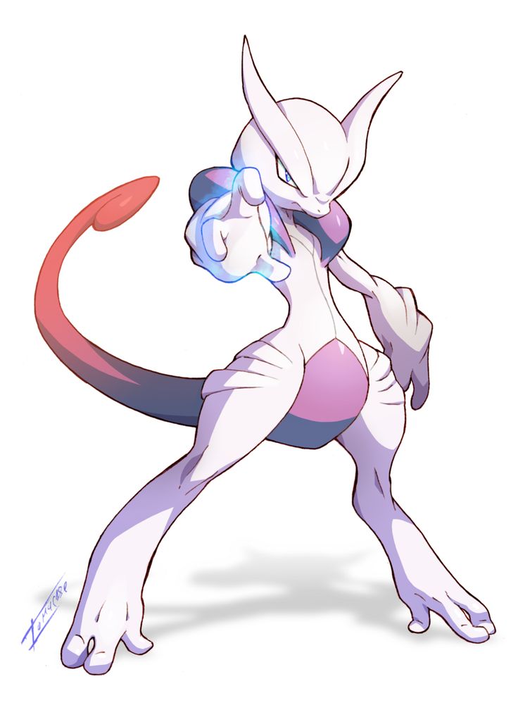 this is a digital fanart illustration of mewtwo, a powerful psychic pokémon. the artwork depicts mewtwo in a dynamic pose, seemingly preparing to launch a psychic attack.  its body is predominantly white and pink, with a long, red tail.  the style is reminiscent of anime and manga, with clean lines and vibrant colors. the background is pure white, focusing attention entirely on the pokémon.  a faint shadow is visible beneath it, suggesting a threedimensional form.  the overall mood of the artwork is one of power and intensity.