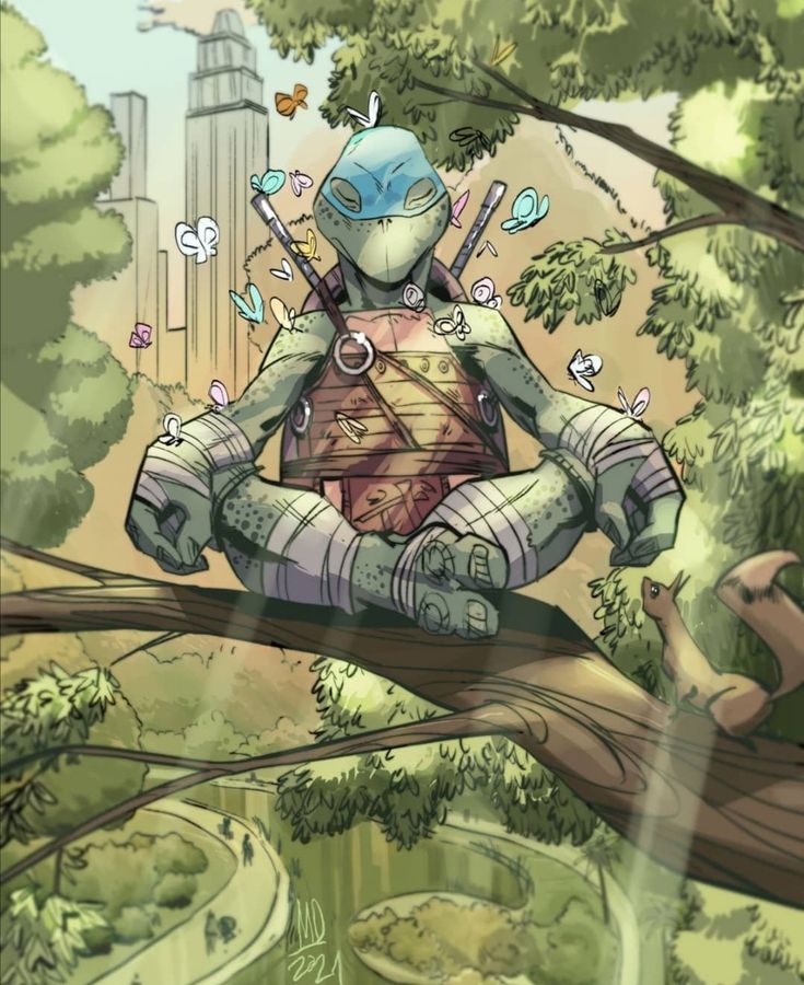 a hand drawn illustration of leonardo, one of the teenage mutant ninja turtles, sitting in a tree in a meditative pose. he is surrounded by butterflies, and the cityscape can be seen in the background.