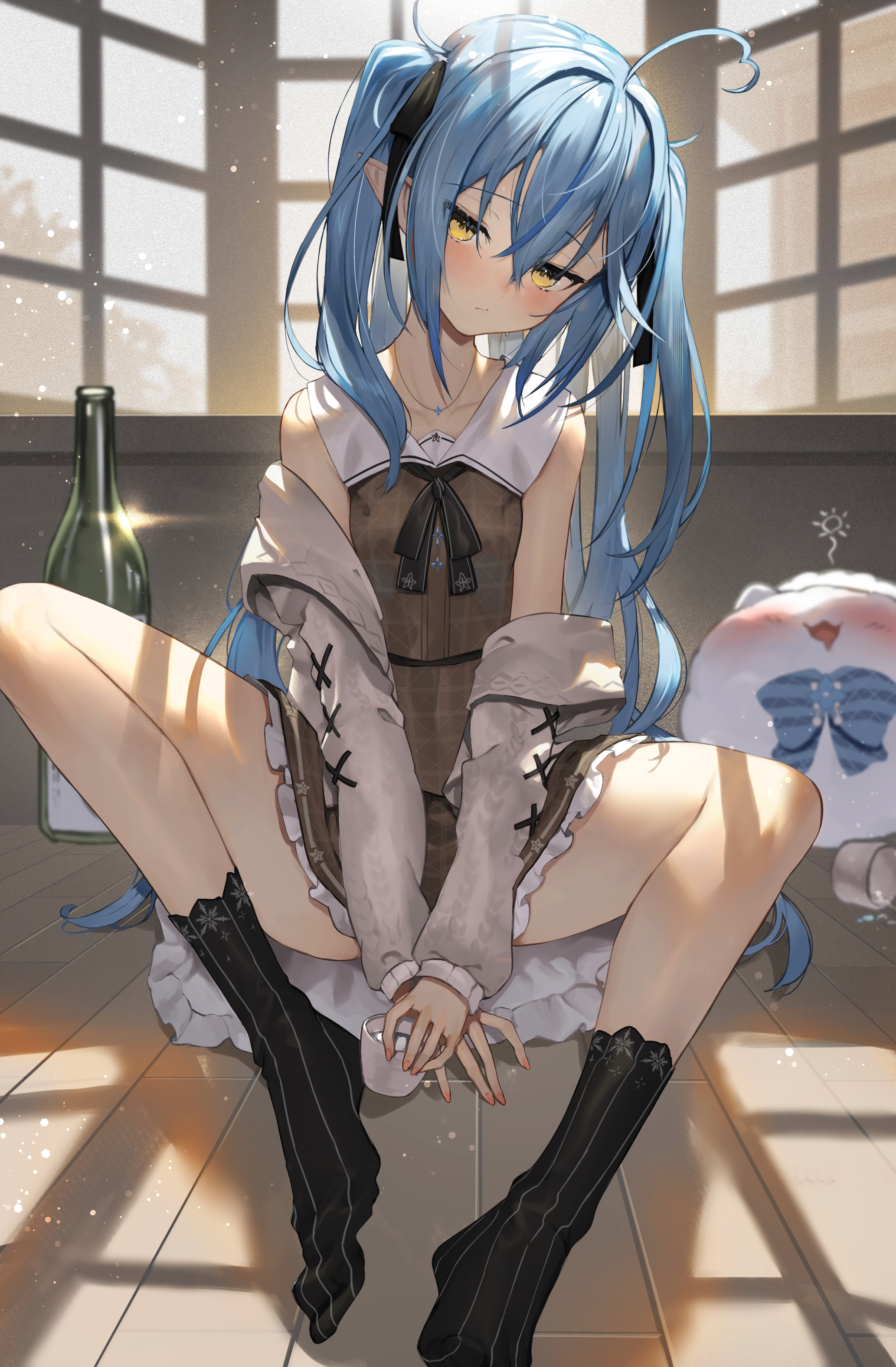 the image is a digital illustration of an anime girl with long, flowing blue twintails and bright yellow eyes. she's sitting on the floor in a room with large windows letting in sunlight. she's wearing a brown dress, white socks with black stripes, and a lightbrown jacket. she holds a cup in her hands. next to her is a soft, plush toy. the overall style is soft and detailed, typical of animeinspired digital artwork. the lighting and shading create a warm and inviting atmosphere.