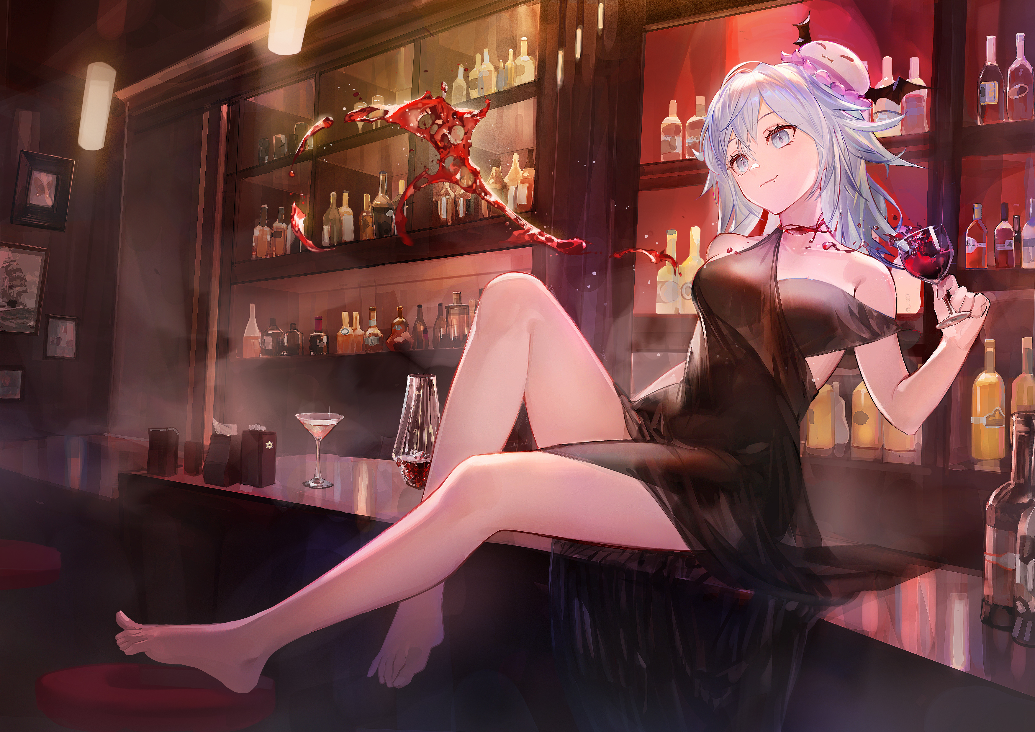 the image shows a beautiful anime girl sitting at a bar counter. she's wearing a stylish black dress and has long, flowing white hair. she's holding a glass of red wine, and there's a splash of red liquid near her. the bar has various bottles of alcohol on the shelves. the overall style is dark and elegant. the image is a digital painting or illustration.