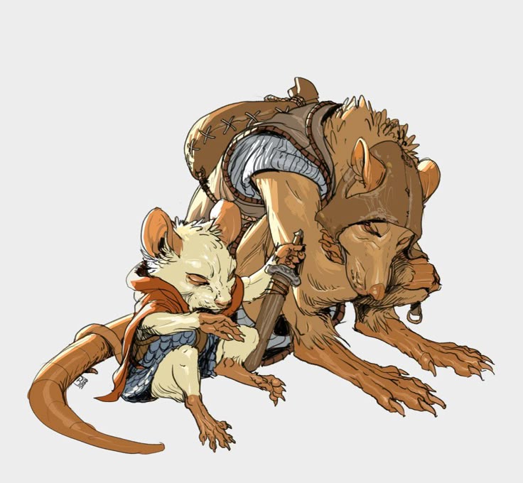 an illustration depicts two anthropomorphic mice. one mouse is sitting and appears exhausted or sleeping, wearing a blue and brown scale armor and a red cloak, clutching a small sword. the other mouse is larger, wearing a brown leather helmet and what looks like a pack or armor over its back. it's crouched down, possibly resting or acting as protection for the smaller mouse. the style is reminiscent of a fantasy or medieval setting.